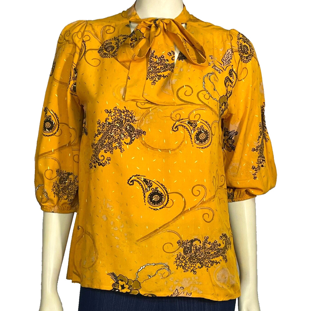 Harve Benard Sz M Rayon Blouse Tie Bow Neckline Puff Sleeve Orange Gold Paisley